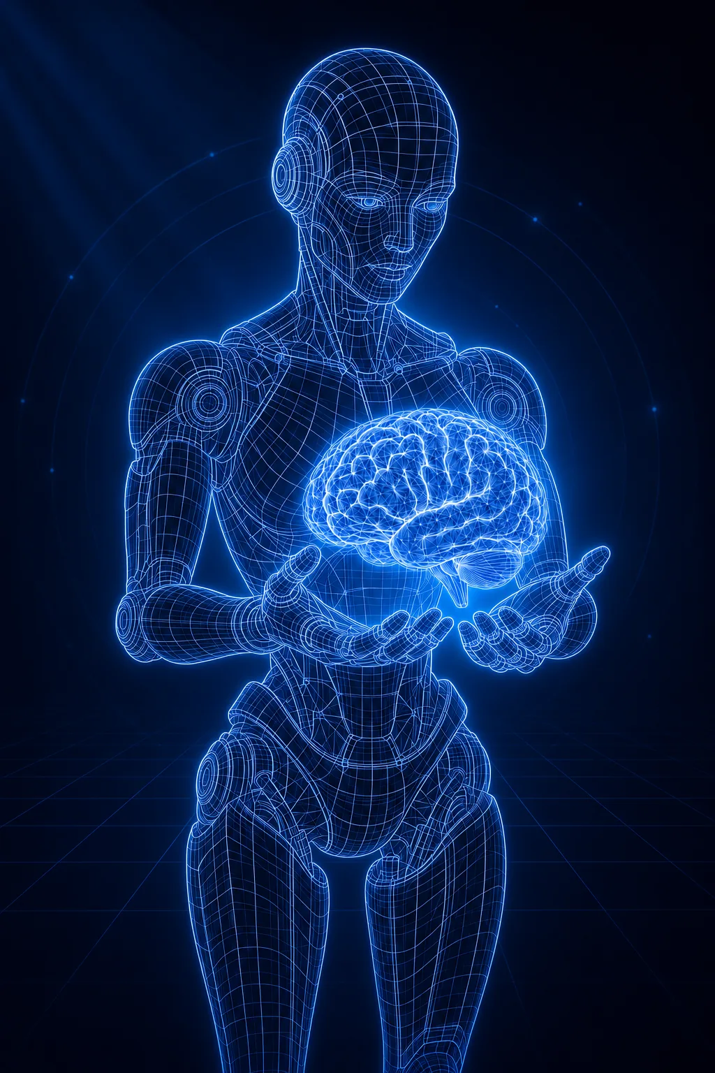 Blue wireframe humanoid robot holding a glowing artificial-intelligence brain