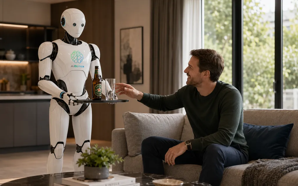 AIBotics household robot bringing a man a beer in the living room