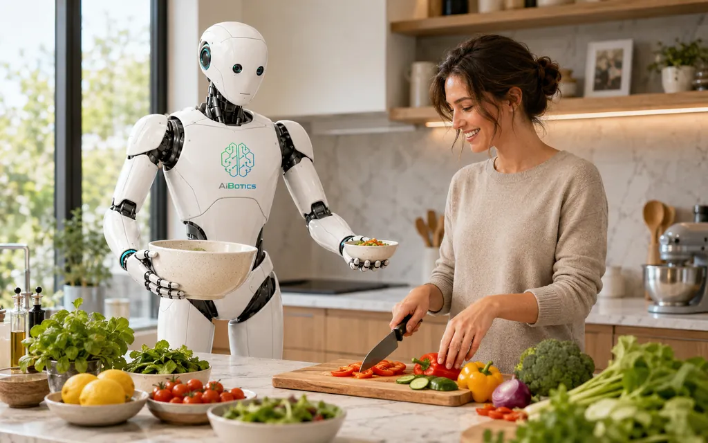 AIBotics household robot helping a woman in the kitchen