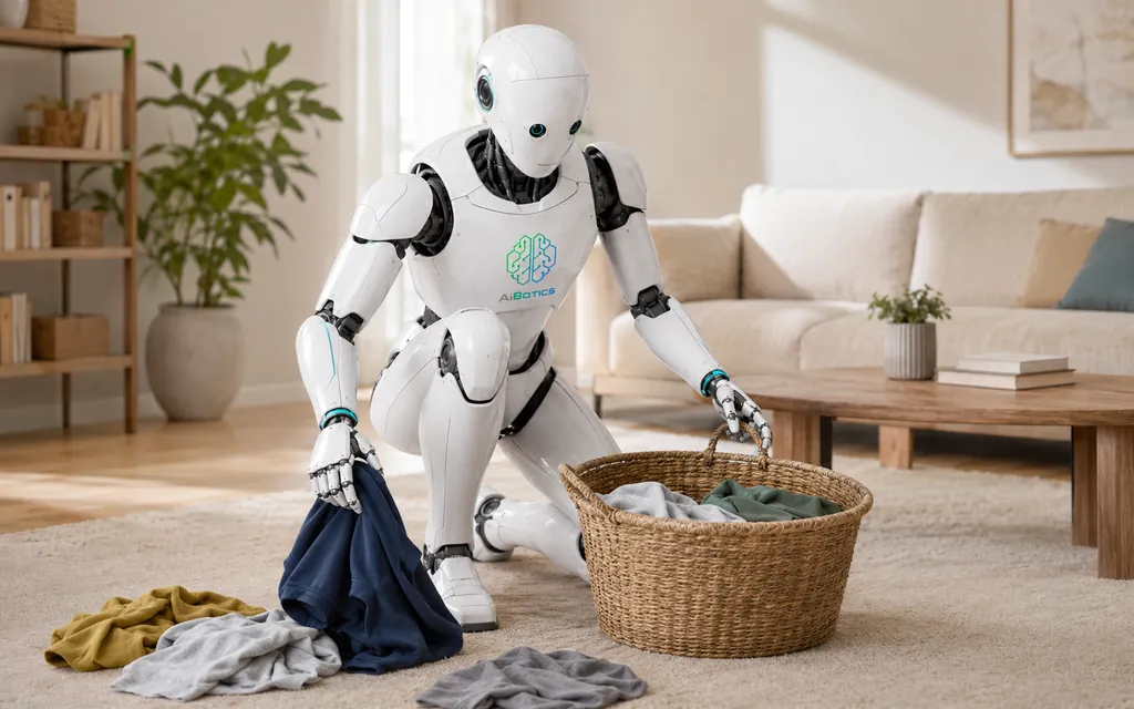 AIBotics household robot picking up clothes into a basket